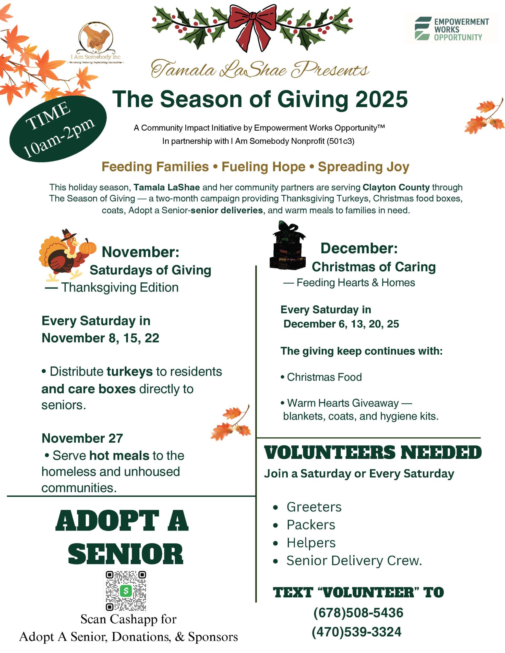 Graphic with text: This holiday season community partner are serving Clayton County through a Season of Giving. giveaways happen every Saturday in November and December through Christmas.