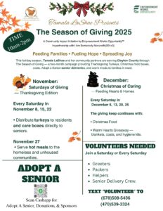 Graphic with text: This holiday season community partner are serving Clayton County through a Season of Giving. giveaways happen every Saturday in November and December through Christmas.