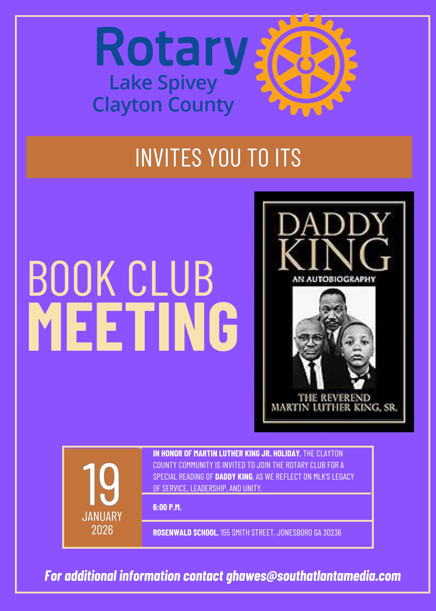 Flyer with text: The Lake Spivey Rotary Club invites you to its book club meeting on Mon., Jan. 19, 2026, at 6 pm at the Rosenwald School, 155 Smith Street, Jonesboro, GA 30236.